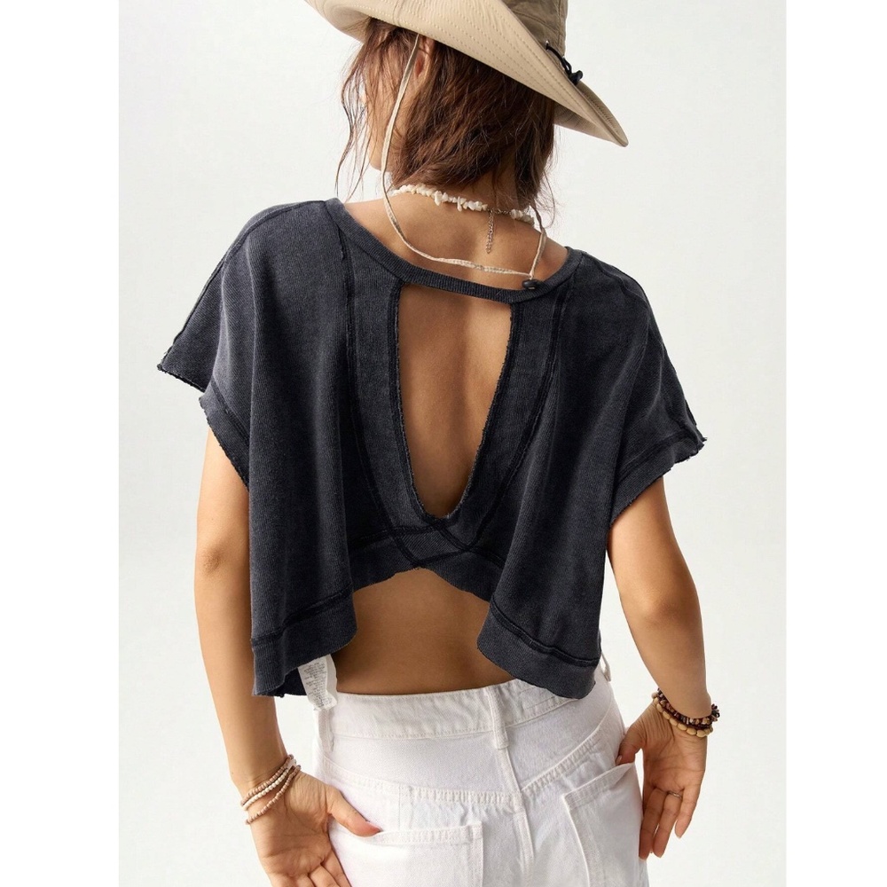Black Cotton Oversized Cropped Muscle Tee Shirt Raw Hem and Inside Out Stitches - Picture 9 of 11